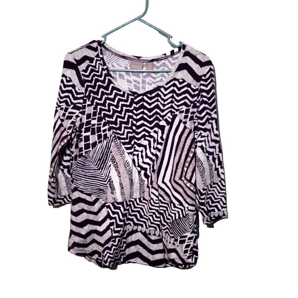 Chicos Shirt Sz 1 M Mixed Print 3/4 Sleeve Purple White Artsy Eclectic Patchwork